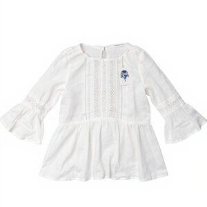 Women's Ivory Embroidered Accents Scoop Neck Flutter-Sleeved Blouse Size S